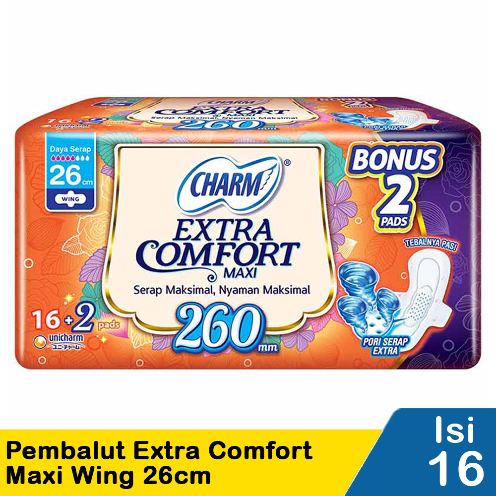 Charm Pembalut Extra Comfort 16's Maxi Wing 26Cm