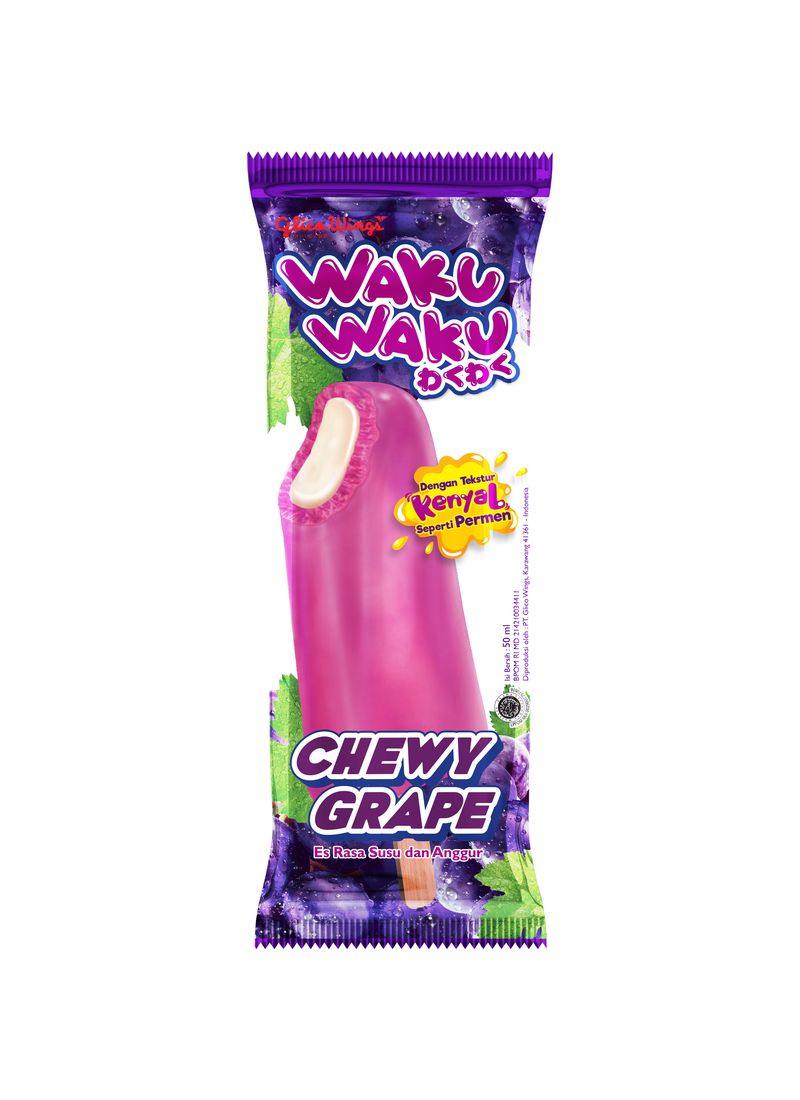 gambar gula pasir kemasan Glico Wings Ice Cream Waku Waku Chewy Grape 50Ml pck 